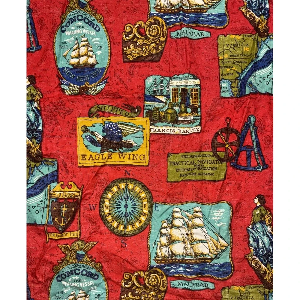 Curtain Drapery One Panel Red Whaling New England Nautical 80x24 60s 70s Vintage
